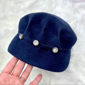 VINTAGE Swingin 60s GoGo Girl Rhinestone Cabby Cap Deep Blue Felt Hat Mod